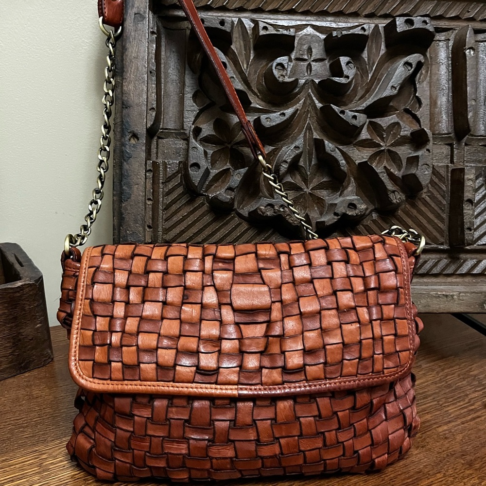 Woven Leather Shoulder Bag in Rich Brown - Picture 1 of 9